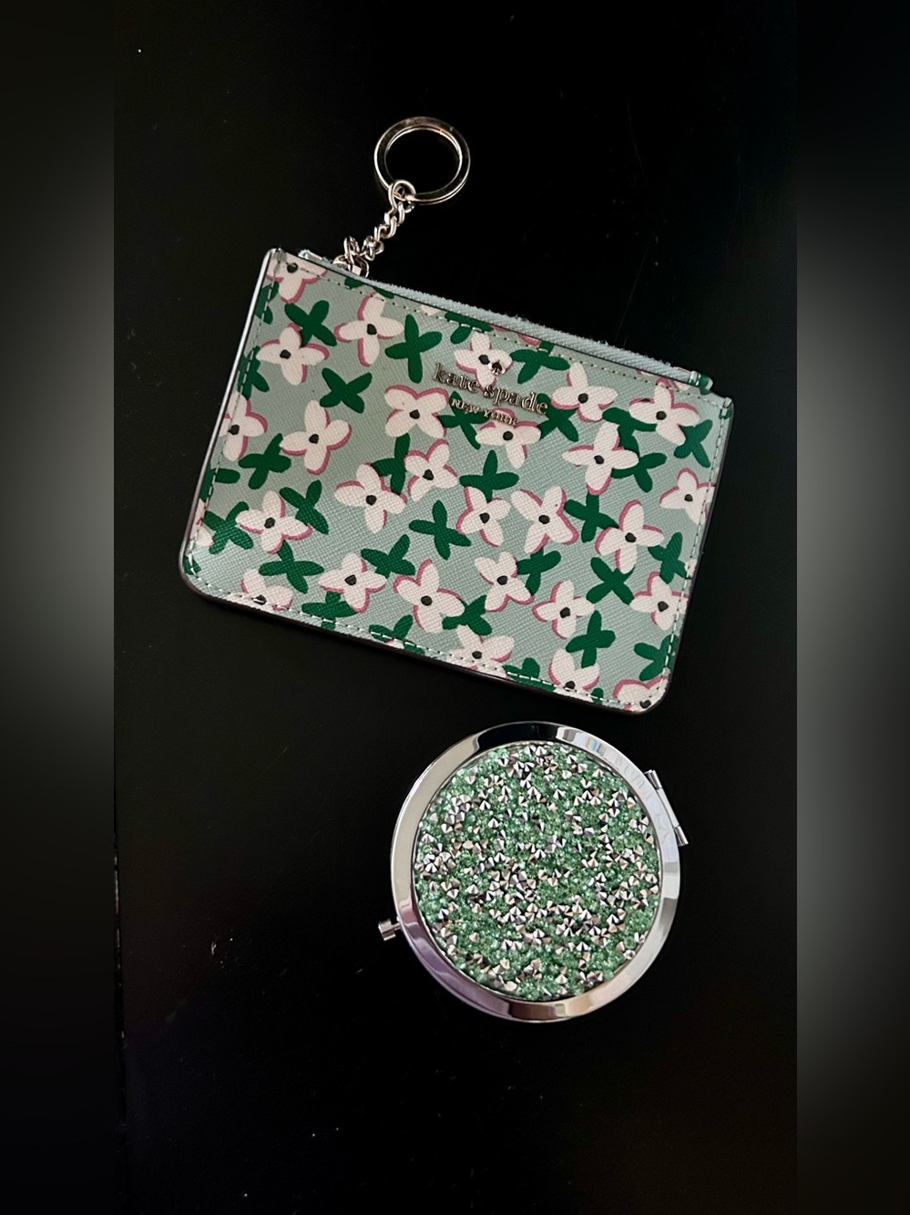 kate spade Floral Card Holder Keychain and Mirror NWOT Green White Glitter - Picture 4 of 14